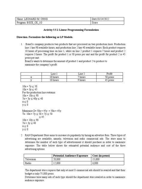 Activity 5 5 1 Linear Programming Formulation Direction Formulate The