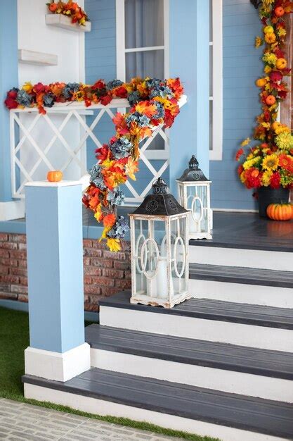 Premium Photo House Entrance Staircase Decorated For Autumn With