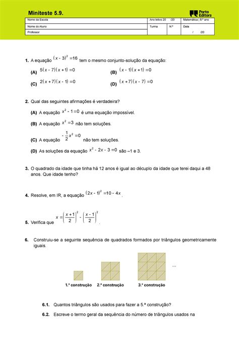 Ma8 5 miniteste 9 teste porto editora 8ºano 1 A equação 2 x 3 16