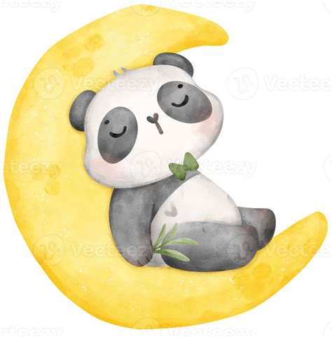 Baby Panda Sleeping On Crescent Moon Watercolor Baby Shower Nursery