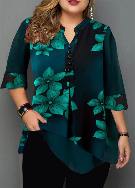 Button Detail Large Floral Print Plus Size Blouse With Images