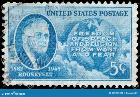 Stamp Printed In The Usa Shows A Portrait Of Franklin Delano Roosevelt