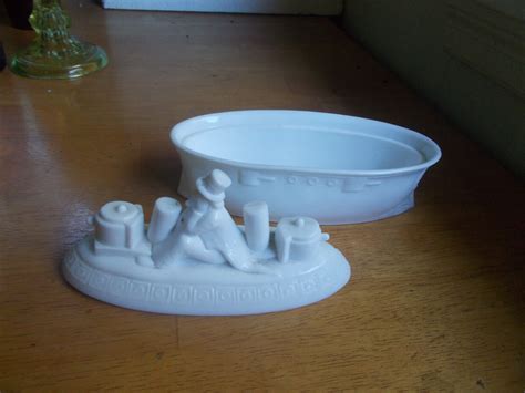 1899 Uncle Sam On Battleship Milkglass Covered Mustard Dish Flaccus Bros 4572674131