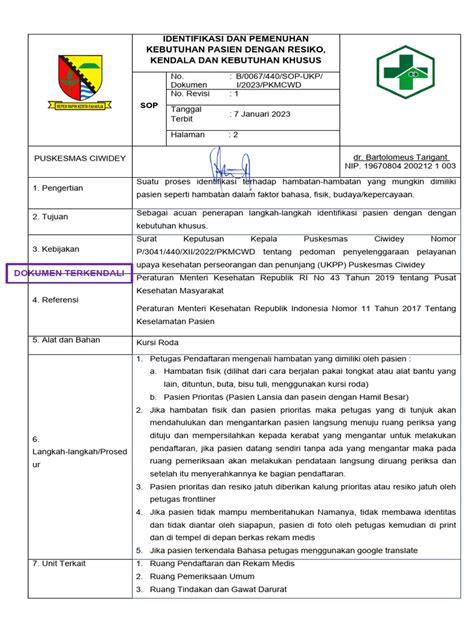 Sop Identifikasi Dan Pemenuhan Kebutuhan Pasien Dengan Resiko Kendala