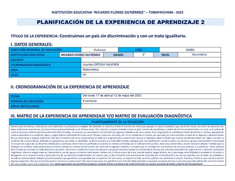 Planificación DE LA Experiencia DE Aprendizaje 2 Matematica 2DO