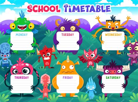 Cartoon Horarios - Premium Vector | Timetable schedule with cartoon monster characters