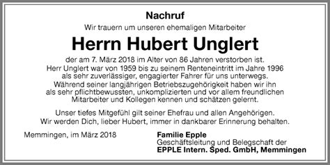 Traueranzeigen von Hubert Unglert Allgäuer Zeitung