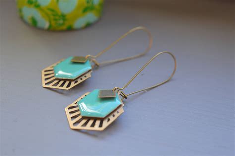 Boucles D Oreilles Graphiques Laiton Et Sequin Hexagonal Etsy France