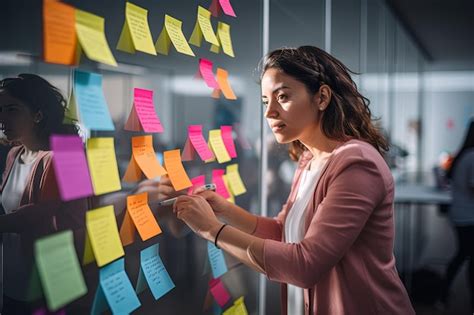 Premium Photo A Woman Standing In Front Of A Wall Covered In Sticky Notes