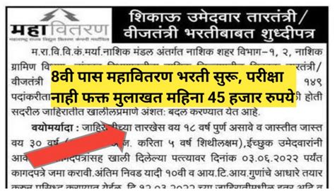 Mahavitaran Bharti 8 वी पास महावितरण भरती झाली सुरू परीक्षा नाही फक्त मुलाखत महिना आहे 75 हजार