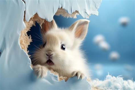 Premium AI Image Curious Bunny Peeking From Blue Wall Hole Generative AI