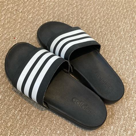 Adidas Women's Black and White Slides | Depop