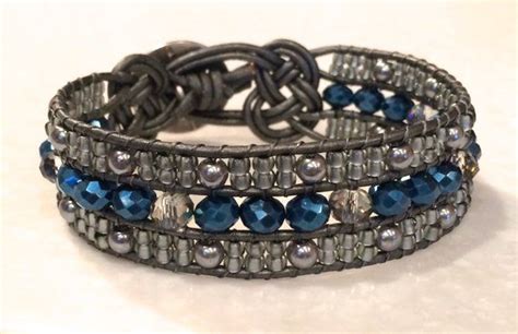 Gorgeous 3 Row Bead And Leather Wrap Cuff Bracelet Blue And Silver