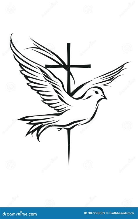 Vector Image of a Flying Dove and a Cross on a White Background. Line ...