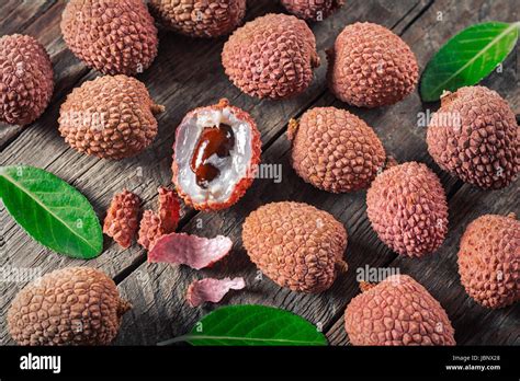 Lychees Fruits On Wooden Background Stock Photo Alamy