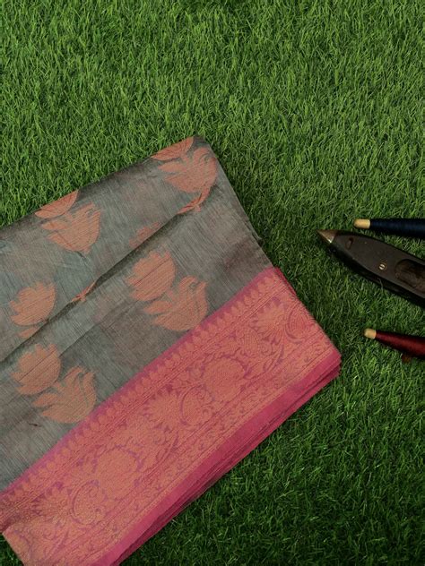 December Sky Swiss Cotton Silk Banarasi Saree With Brocaded Tulip Motif