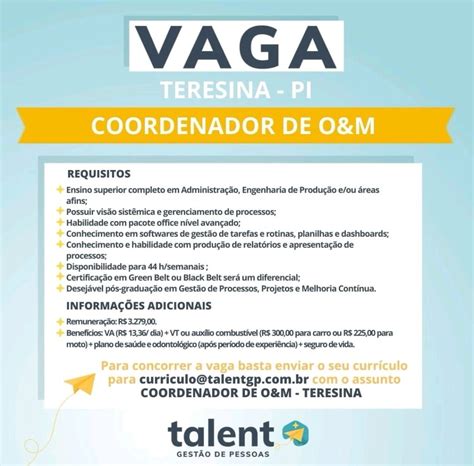 Talent Gp Est Vagas Para Auxiliar De Dp E Coordenador De O M Em