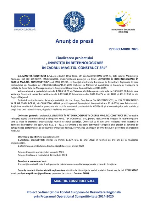 Anunț de presă Finalizarea proiectului INVESTIȚII ÎN RETEHNOLOGIZARE