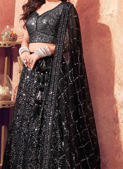 Shop Black Net Embroidered And Sequins A Line Lehenga Wedding Wear