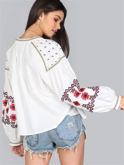 Floral Embroidered Peasant Top WHITE SheIn Sheinside