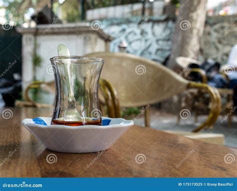 Drinking Traditional Turkish Tea Near Seaside Of Izmir Turkey Stock