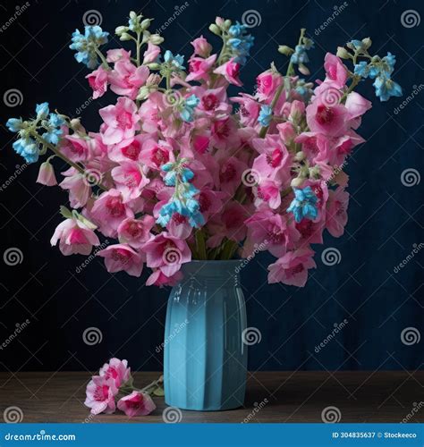 Teal And Pink Delphinium Arrangement Darktable Processed 8k Still Life Stock Illustration