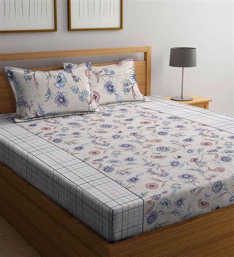 Buy Cream Floral 300 Tc Cotton Queen Sized Fitted Bed Sheets With 2