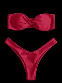 14 OFF 2019 Twist Front Bandeau Thong Bikini In RED M ZAFUL