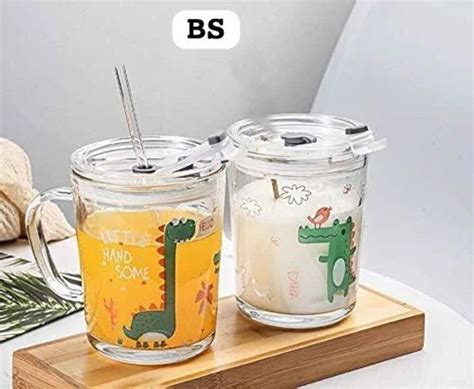 Cartoon Glass Jar Tumbler With Glass Lid Straw And Handle Approx