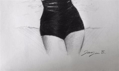 Original Nude Swimsuit Pinup Girl Sketch Drawing Vtg Style Beautiful Sexy Woman
