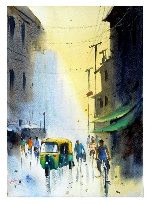 A Painting Of People Walking Down The Street In Front Of A Yellow And