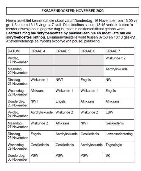 Eksamenrooster November Laerskool Jan Van Riebeeck