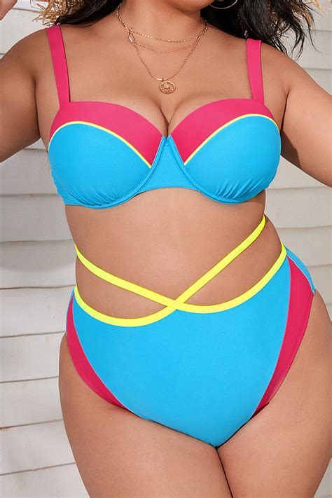 Colorblock Underwire Bralette Strappy Plus Size Bikini Set