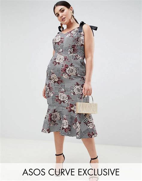 Asos Design Curve Midi Dress With Pep Hem In Check And Floral Print Asos