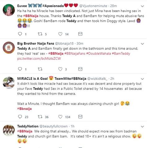 Twitter Nigeria Reacts To BBN Housemates Teddy A And Bam Bam Having Sex In The Toilet Screenshots