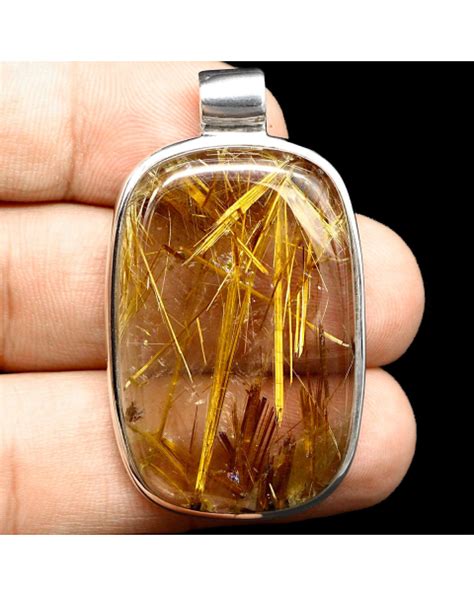 Silver Pendant With Large Rectangular Golden Rutilated Quartz Gemstone