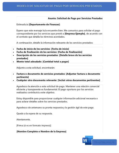 Modelo De Solicitud De Pago Por Servicios Prestados Word