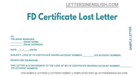 FD Certificate Lost Letter Sample Letter To Bank For Loss Of Fixed