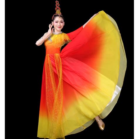 Women S Hanfu Chinese Folk Dance Costumes Red With Yellow Gradient Colored Drummer Fairy Fan