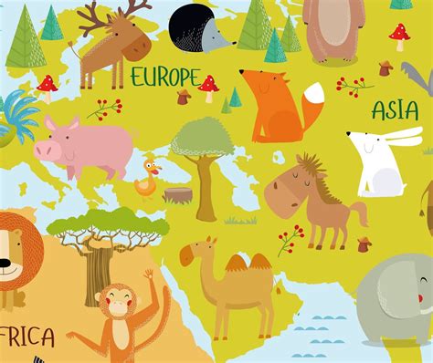 Animal Map Wallpaper World Map Wall Mural nursery Wall Art - Etsy