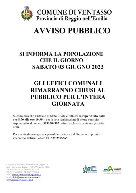 Chiusura Uffici Comunali Sabato Giugno Comune Di Ventasso