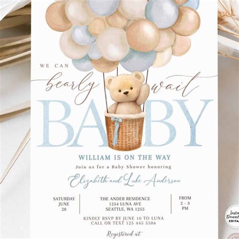 Editable Teddy Bear Baby Shower Invitation We Can Bearly Wait Etsy