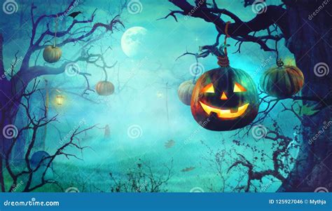 Halloween Theme With Pumpkins And Dark Forest. Spooky Halloween Stock ...