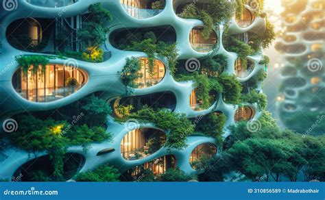 Close Up Of The Biophilic Architecture Of A Futuristic Skyscraper With