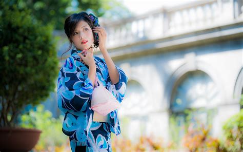 Wallpaper Brunette Girl Bokeh Kimono Young Woman Asian 3840x2400