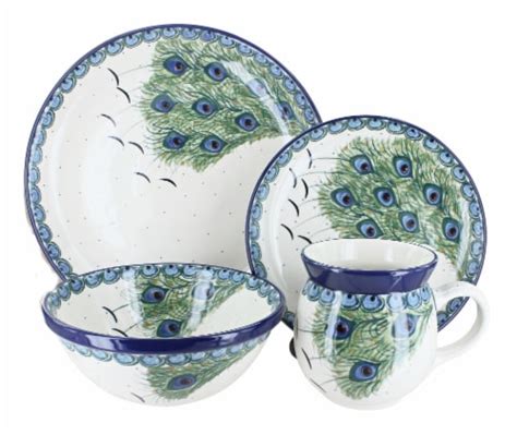 Blue Rose Polish Pottery Peacock Feather 16 Piece Dinner Set 4 Kroger