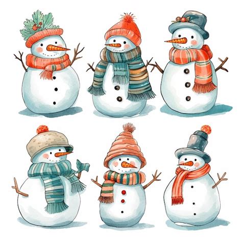 Premium AI Image A Group Of Snowmen Wearing Hats And Scarves And