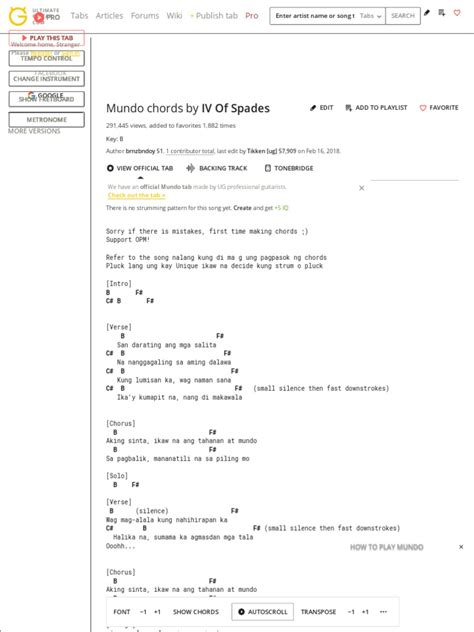 MUNDO CHORDS by IV of Spades @ Ultimate-Guitar.com | Song Structure | Musical Instruments