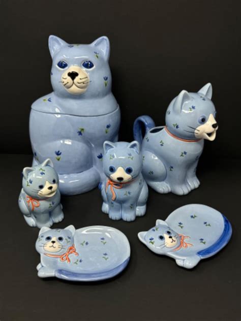 Lot 94 Vintage Handcrafted Otagiri Japan Blue Calico Cats