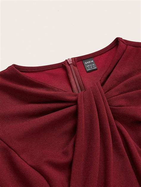 Shein Taskfit Burgundy Red Women S Solid Color Twist Collar Long Sleeve